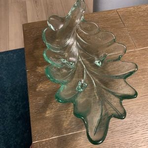 Lite Green 3 Footed Glass Leaf-Shaped Serving Bowl w/Scalloped Edges.